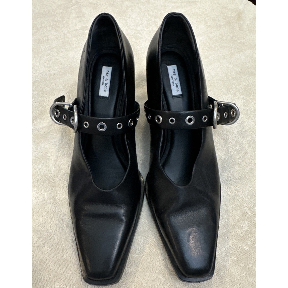 Rag & Bone Joni Black Leather‎ Square Toe Mary Jane Pumps 11 Buckle Slanted Heel - Picture 3 of 12